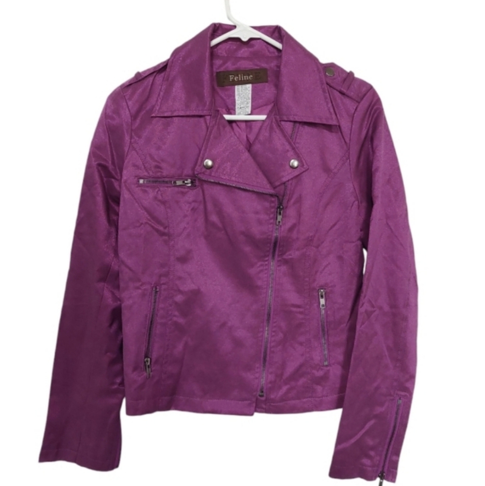 Feline Shimmer Purple Moto Jacket Womans Sz small Assymetrical Urban Streetwear